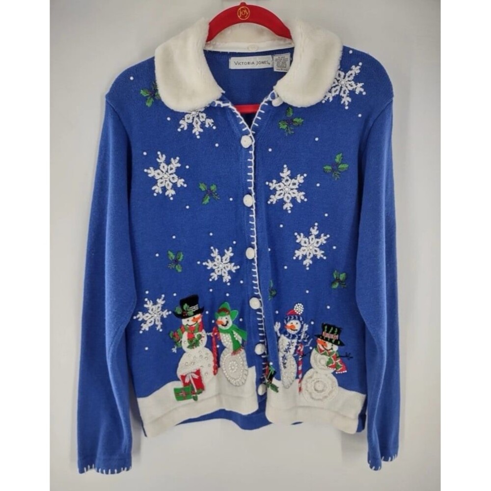 Vintage Victoria Jones Christmas Winter Sweater Women's Small Snowmen Snowflakes